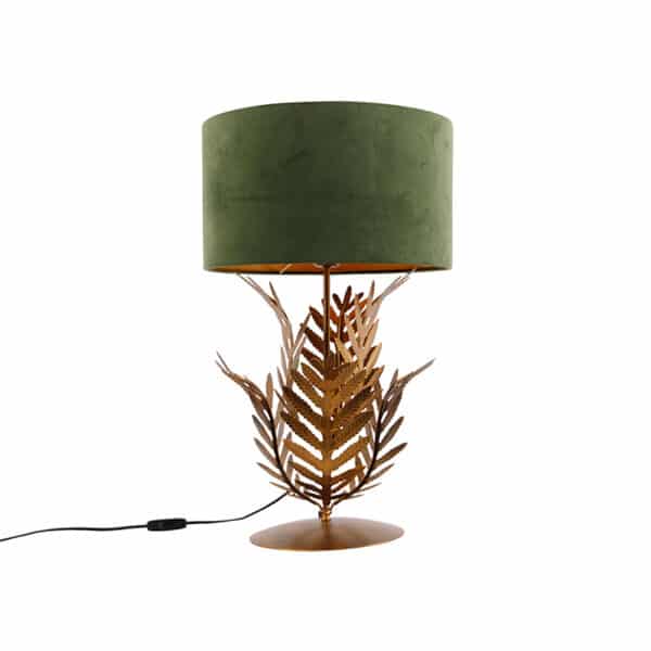 Vintage Tischlampe Gold mit Veloursschirm grün 35 cm - Botanica