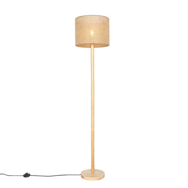 Ländliche Stehlampe Holz mit Leinenschirm natur 32 cm - Mels