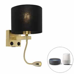 Smarte Wandleuchte Gold mit USB und schwarzem Schirm inkl. WLAN A60 - Brescia