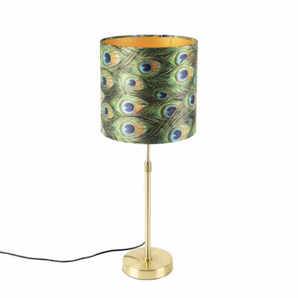 Tischlampe Gold / Messing mit Veloursschirm Pfau 25 cm - Parte