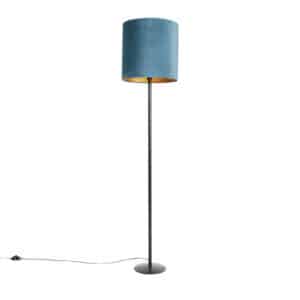 Schwarze Stehlampe Veloursschirm blau/gold 40 cm - Simplo