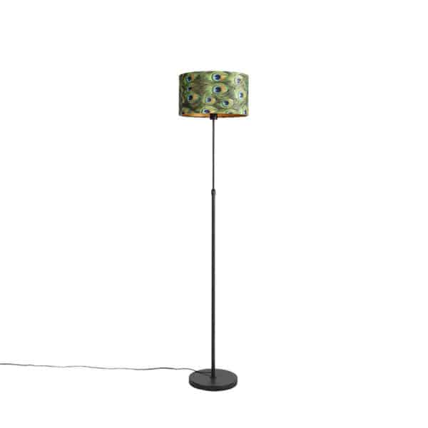 Schwarze Stehlampe mit Veloursschirm Pfau mit Gold 35 cm - Parte