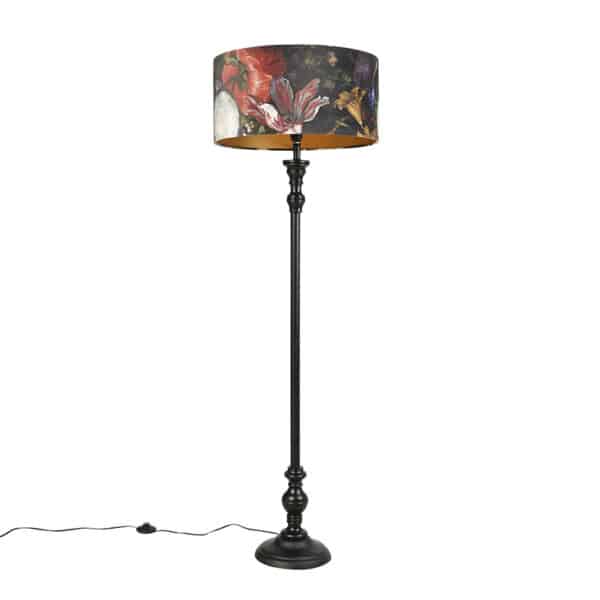 Stehlampe schwarz mit Samtschirm Blumen gold 50 cm - Classico